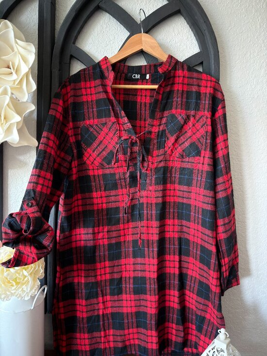 CBR Tops - CBR Red Black Plaid Lace Up Tunic Top Roll Tab Sleeves. (D)